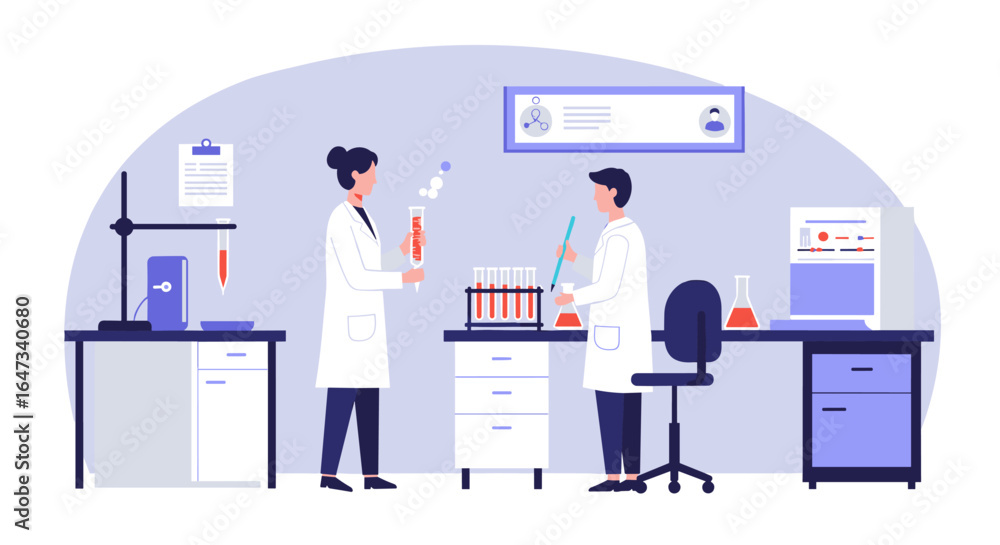 Poster scientists conducting experiments in a modern laboratory setting