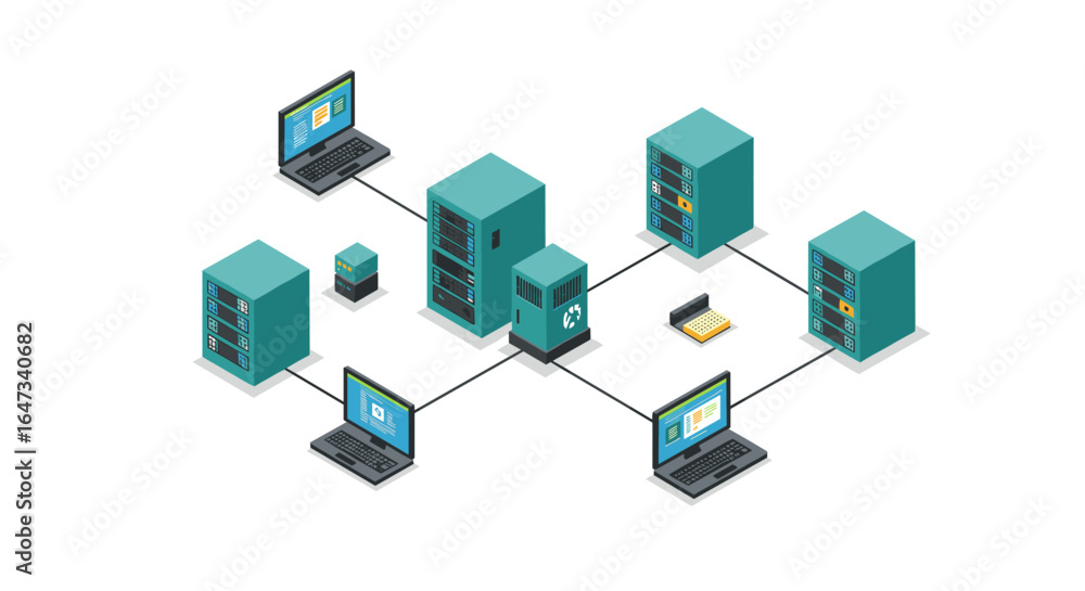 Poster modern isometric network diagram with connected computers and servers