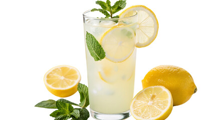 Refreshing homemade lemonade with fresh lemon slices and mint garnished on a glass of chilled juice