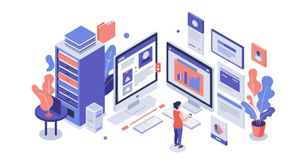 Fototapeta premium Isometric office workspace with data management and digital communication elements