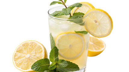 Refreshing lemonade with mint and ice in a glass with lemon slices on black background