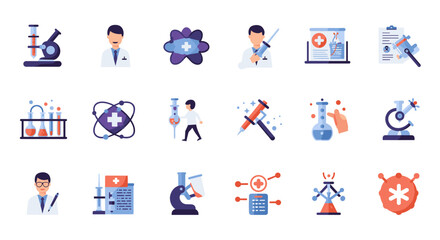 Medical research icons set featuring lab equipment and science symbols in flat style