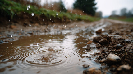 Raindrops hitting a muddy puddle on a rural dirt road.