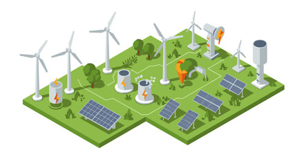 Renewable energy isometric landscape with wind turbines and solar panels