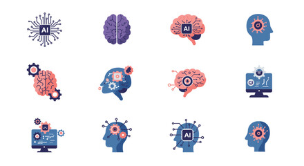 Ai icons collection: creative brain and machine interface illustrations