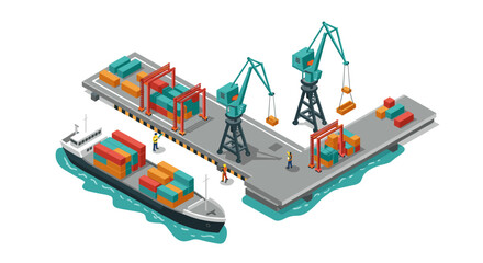 Naklejka premium Isometric cargo port with cranes and containers on wharf