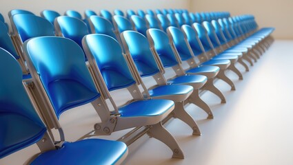 Rows of blue chairs arranged in an auditorium or conference room setting.