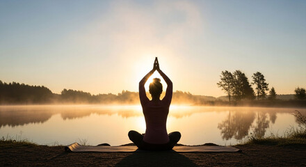 Yoga meditation at sunrise by lake for wellness and mindfulness health benefits and relaxation outdoor retreat