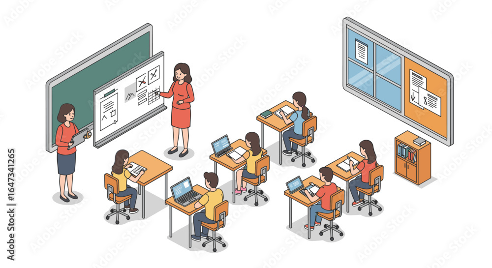 Poster isometric classroom scene with teacher and students using laptops for interactive learning
