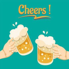 Two people hands holding beer glasses in the pub. Friends having fun clink mugs of beer at the party. Beer background concept for banners, posters. Vector illustration in flat style.