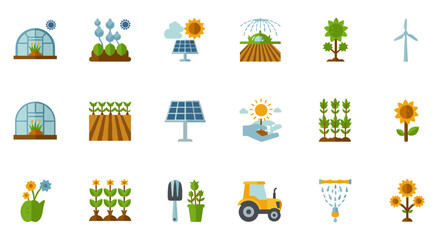 Agriculture and renewable energy icons: greenhouses, solar panels, windmills, and sustainable farming tools