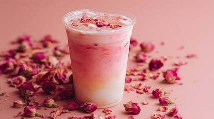 A beautiful iced rose latte in a clear cup, with rose petals scattered on a light pink background