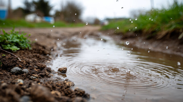 Raindrops splashing in a muddy puddle on a dirt path.