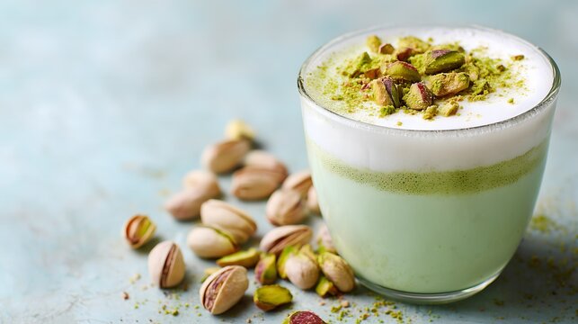 A beautiful iced pistachio latte in a clear cup, with scattered pistachios on a green background