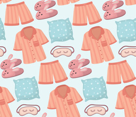 Seamless pattern with pajamas, bunny slippers, pillow and sleeping mask. Cute background women's home accessories