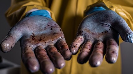 A close-up of gloved hands with bloodstains, conveying a sense of urgency and seriousness.