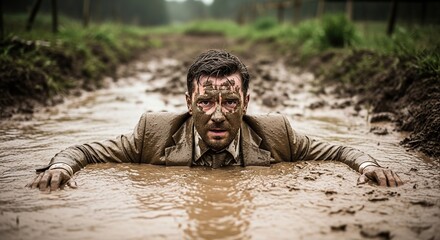 Mud Run: A determined figure, fully immersed in a muddy obstacle course, battling through the mire with unwavering focus. He represents resilience and pushing beyond limits.