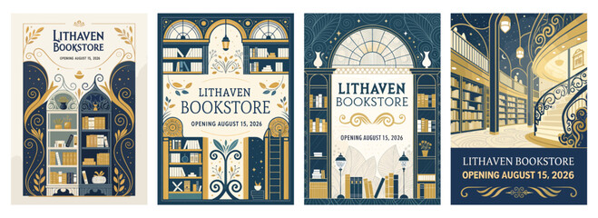 Stylish promotional posters for Lithaven Bookstore opening in 2026, featuring elegant book-themed designs.