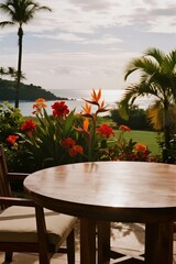 Fototapeta premium Outdoor dining table with vibrant flowers and ocean view under a cloudy sky