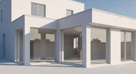 Modern house exterior design ideas with white facade and large windows for architectural inspiration