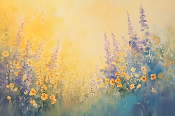 Serene Watercolor Painting: Yellow and Purple Wildflowers in Soft Golden Light
