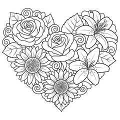 Elegant floral heart illustration featuring roses, lilies, and sunflowers with intricate leaves and swirls. Perfect for coloring books, romantic designs, greeting cards, and decorative artwork