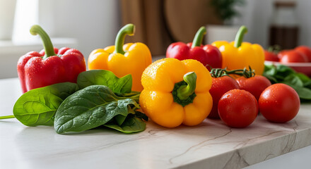 Fresh red and yellow bell peppers with spinach leaves and tomatoes on marble table
