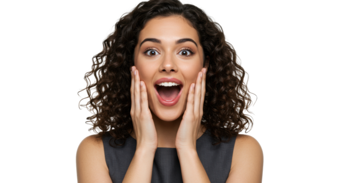 Young professional woman, early 20s, dark wavy hair, dark grey sleeveless dress, hands on cheeks, wide-eyed, open-mouthed, surprise and elation, transparent background, concept of breakthrough success - Powered by Adobe