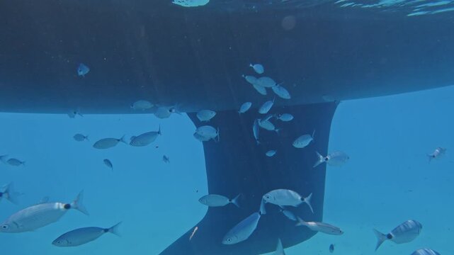 underwater view of a yacht in lefkada, greece