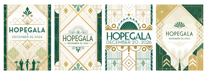 Elegant promotional designs for the Hope Gala, featuring geometric patterns and a sophisticated color palette.