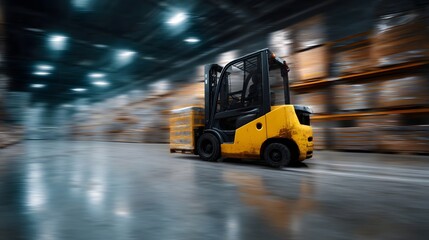 Blurred forklift moving pallets in a warehouse