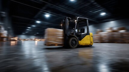Forklift moving pallets in a dimly lit warehouse