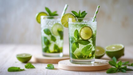 Fresh mint and lime beverage in glasses with straws, garnished with lemon slices and mint leaves, on a light wooden surface with halved lime around.
