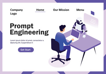 Man working on laptop with AI assistant, prompt engineering isometric landing page template, generative AI learning concept, creative 3D vector illustration.