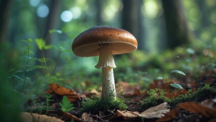 A mushroom growing in a forest with lush green background and fallen leaves.