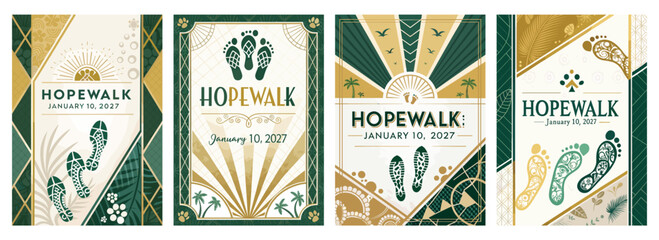 Colorful posters promoting the Hope Walk event with artistic footprints and elegant designs.