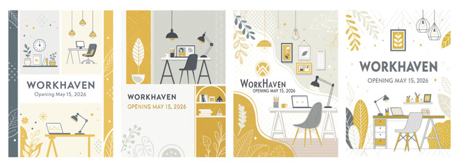 Illustrative posters showcasing a modern workspace theme for Workhaven opening on May 15, 2026.