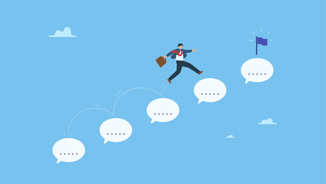 Businessman walk up speech bubble as stair to reach success. Advice, discussion talking, guidance, tips or suggestion for business success, help, wisdom, feedback to help develop improvement.