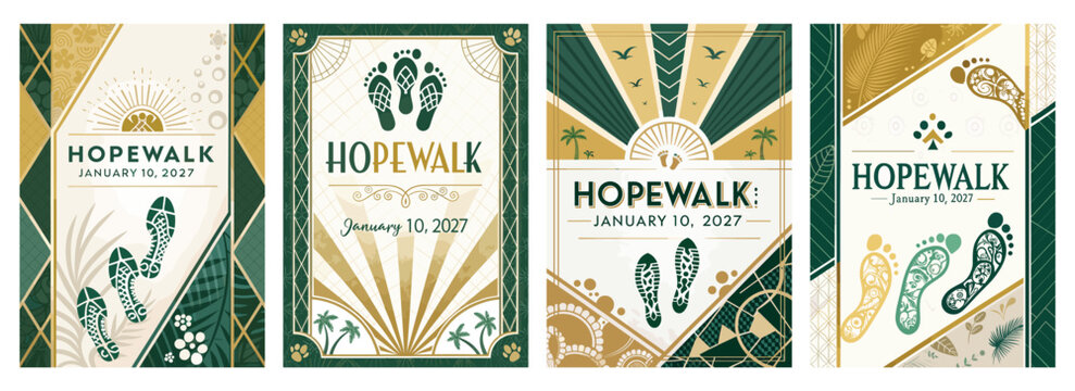 Colorful posters promoting the Hope Walk event with artistic footprints and elegant designs. - Powered by Adobe