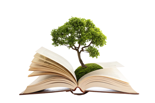 Open book with tree growing symbolizes knowledge and nature's harmony in imaginative learning