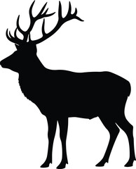 Black silhouette of a stag with large antlers standing in profile isolated on white background