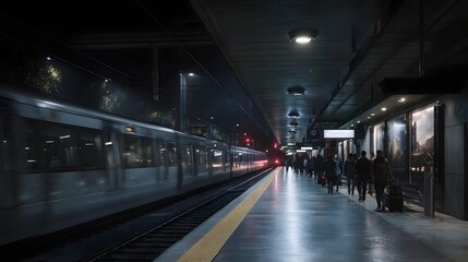 Busy train station platform with people boarding trains at night