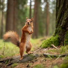 Obraz premium Cute red squirrel in the forest and park on a tree eating a nut funny-red-squirrell-standing-in-the-forest-like-ma.