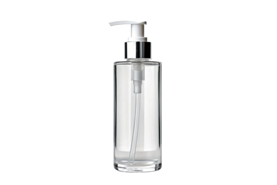 Transparent pump bottle for liquid soap or hand sanitizer with black background high resolution image