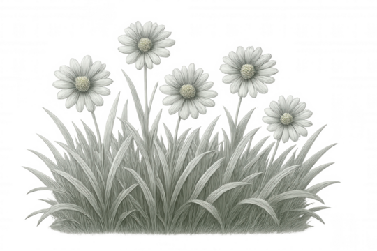 Five white daisies growing in a tuft of grass with transparent background, perfect for spring and summer themed projects
