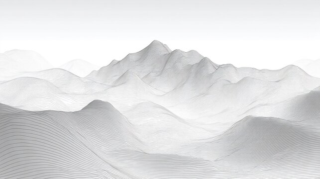 Paesaggio astratto di montagne stilizzate in bianco e nero con linee curve e sfumature delicate.