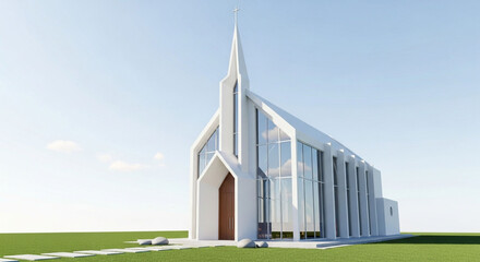 Modern church design architecture rendering of chapel building with glass facade and cross on top