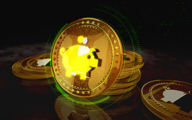 Piggy bank money box golden coin 3d illustration