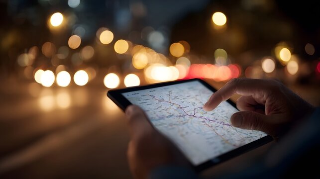 Logistics app on tablet showing delivery route with city lights in the background