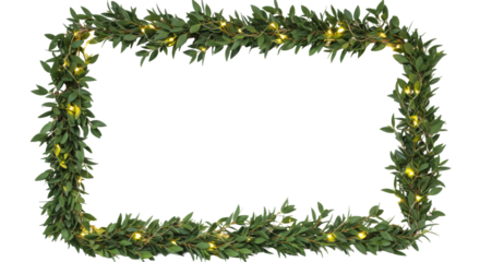 Elegant botanical border of lush evergreen foliage (eucalyptus, ivy) with warm white LED fairy lights, forming a continuous frame on a pure transparent background, Concept for corporate growth